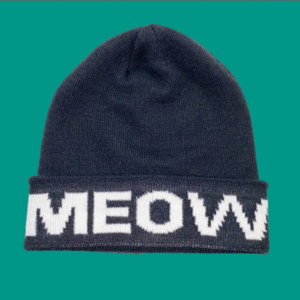 Dolls Kill Meow Kitty Black Knit Fold-over Beanie